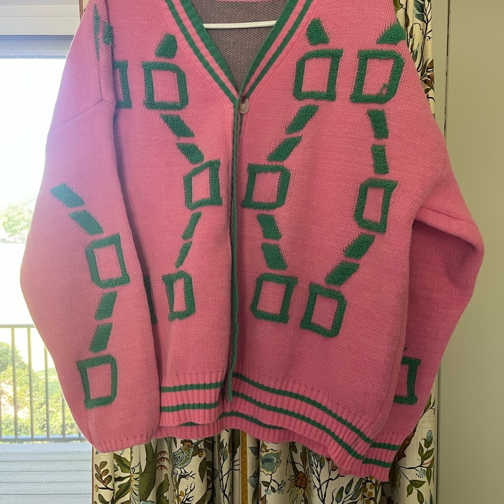 Pink Knit Cardigan Sweater with Green Geometric Pattern